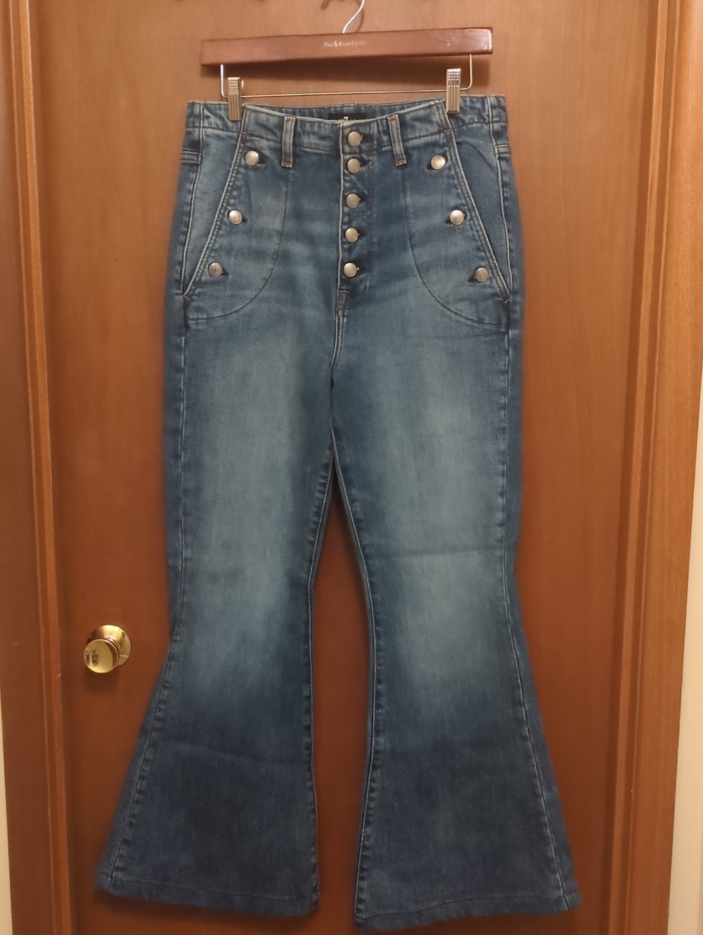 7 For All Mankind Medium Blue High-Rise Button-Front Flare Jeans